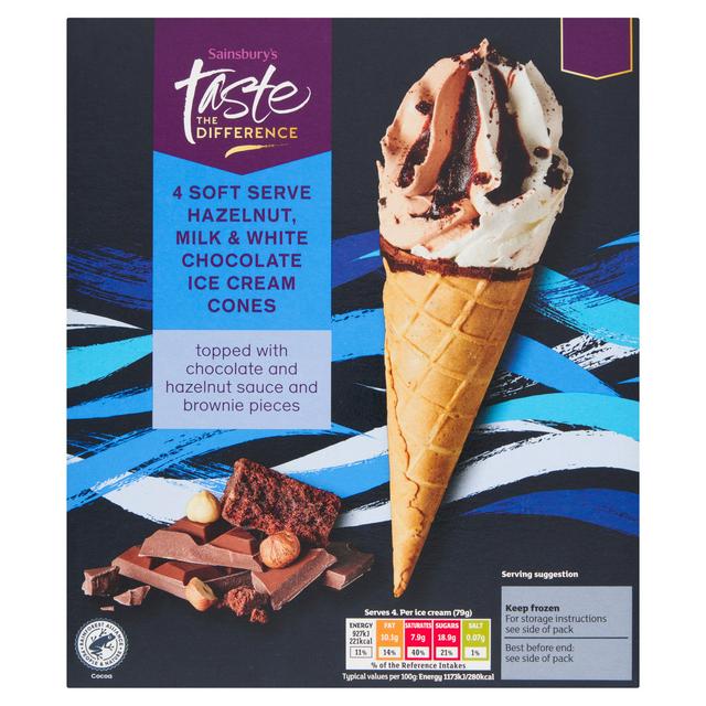 Sainsbury's Hazelnut, Milk & White Chocolate Ice Cream Cones, Taste the Difference x4 316g