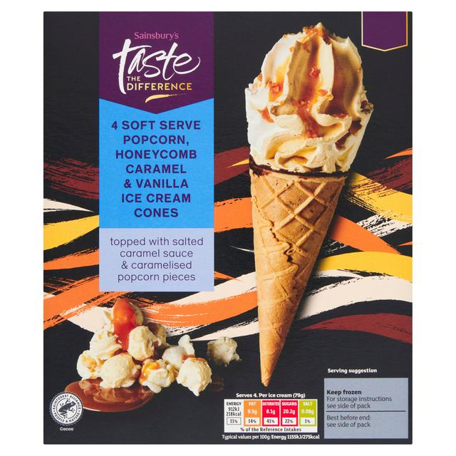 Sainsbury's Popcorn, Honeycomb Caramel & Vanilla Ice Cream Cones, Taste the Difference x4 316g