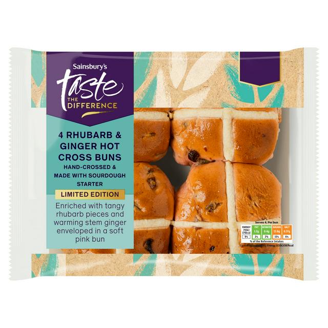 Sainsbury's 4 Rhubarb & Ginger Hot Cross Buns Limited Edition, Taste the Difference 260g