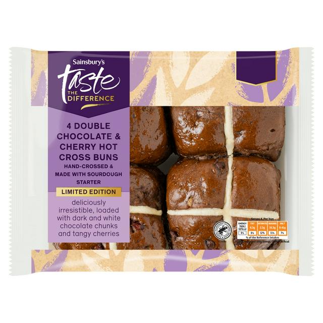 Sainsbury's 4 Double Chocolate & Cherry Hot Cross Buns Limited Edition, Taste the Difference 260g
