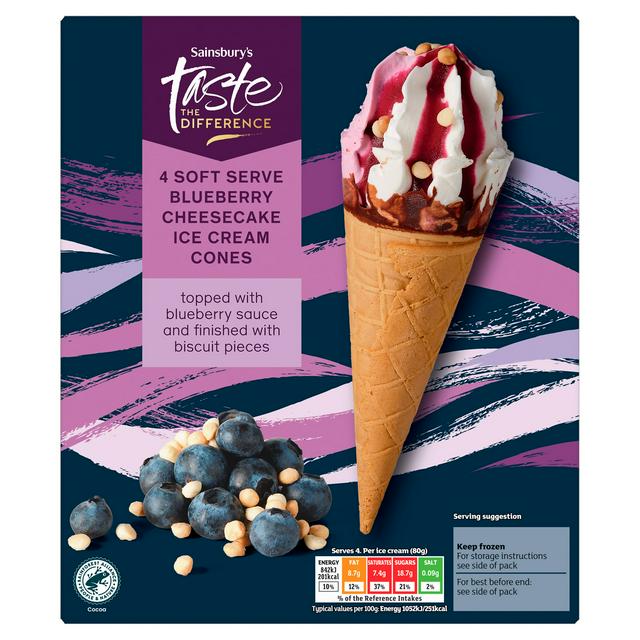 Sainsbury's 4 x 140ml Soft Serve Blueberry Cheesecake Ice Cream Cones, Taste the Difference