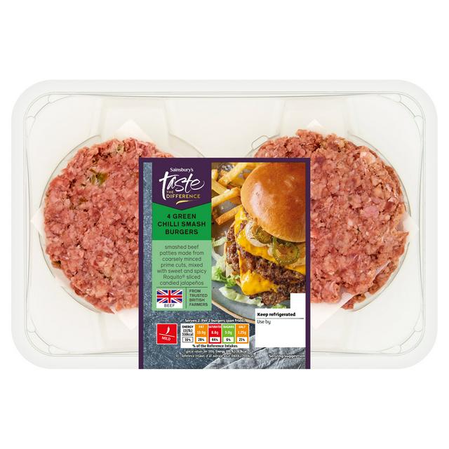 Sainsbury's Taste the Difference 4 Green Chilli Smash Burgers 340g
