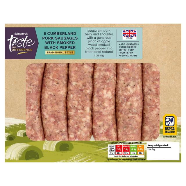 Sainsbury's Taste the Difference 6 Cumberland Pork Sausages with Smoked Black Pepper 454g