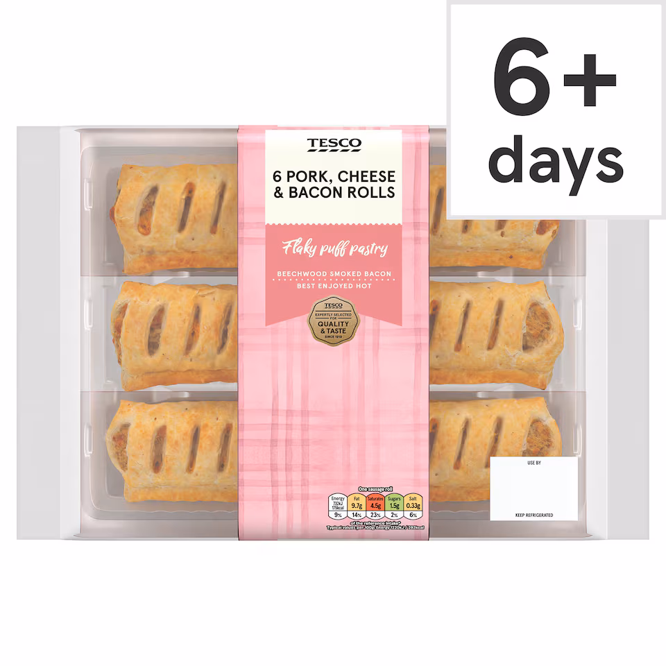 Tesco 6 Cheese & Bacon Rolls 360g.
