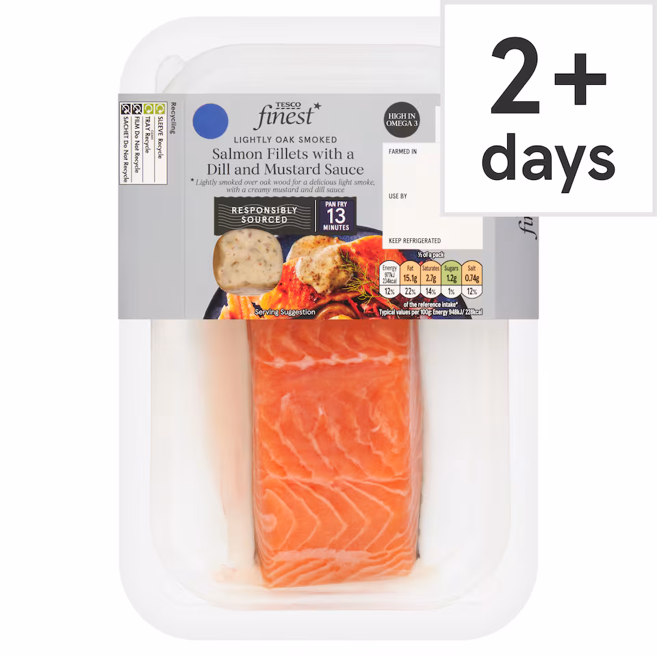 Tesco Finest Lightly Oak Smoked Salmon Fillets with a Dill and Mustard Sauce 260g