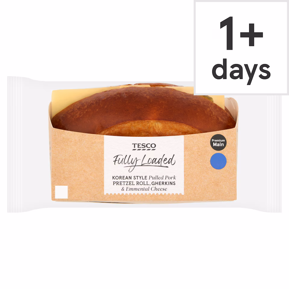 Tesco Fully Loaded Korean Style Pulled Pork Pretzel Roll, Gherkins and Emmental Cheese