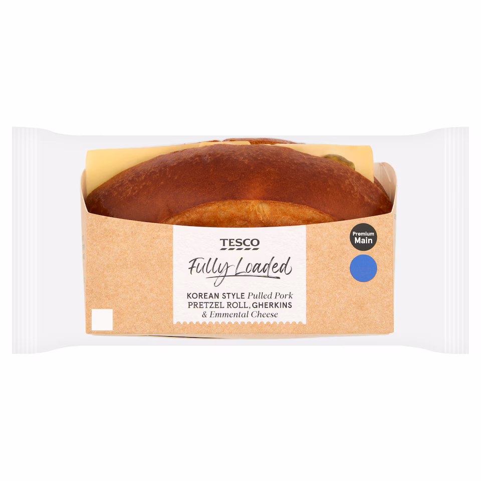 Tesco Fully Loaded Korean Style Pulled Pork Pretzel Roll, Gherkins and Emmental Cheese