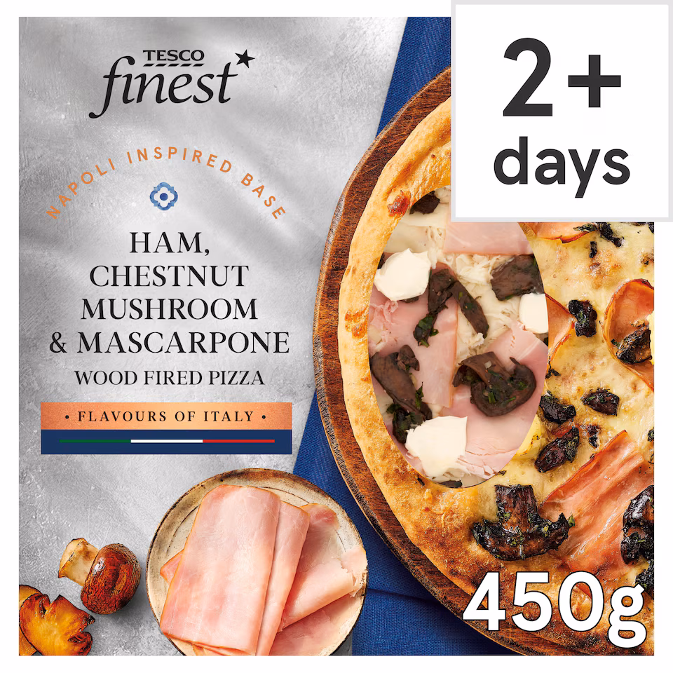 Tesco Finest Ham Mushroom Mascarpone Woodfired Pizza 450g
