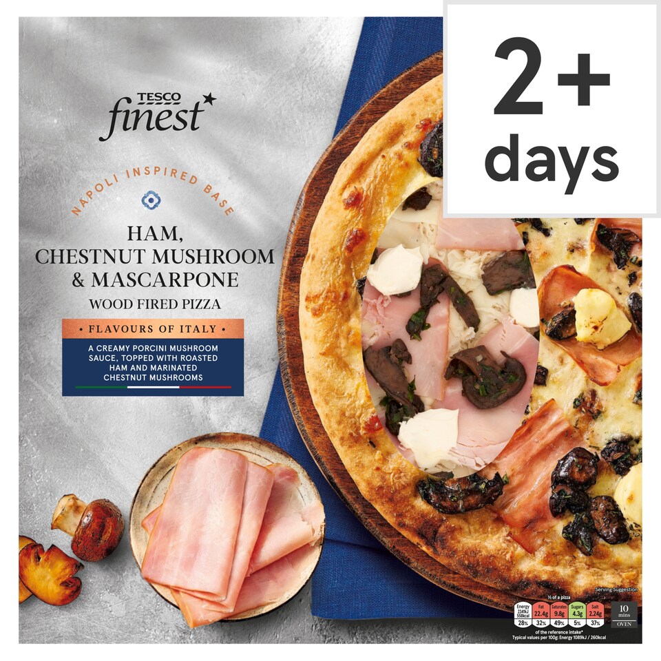 Tesco Finest Ham Mushroom Mascarpone Woodfired Pizza 450g