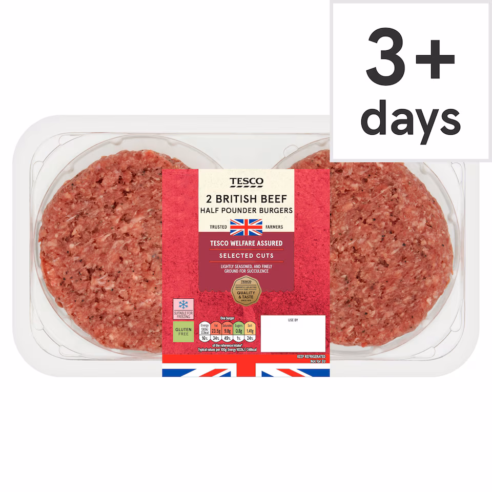Tesco 2 British beef half pounder Burger 454g
