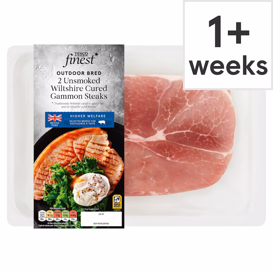 Tesco Finest Outdoor Bred 2 Unsmoked Wiltshire Cured Gammon Steaks 400g