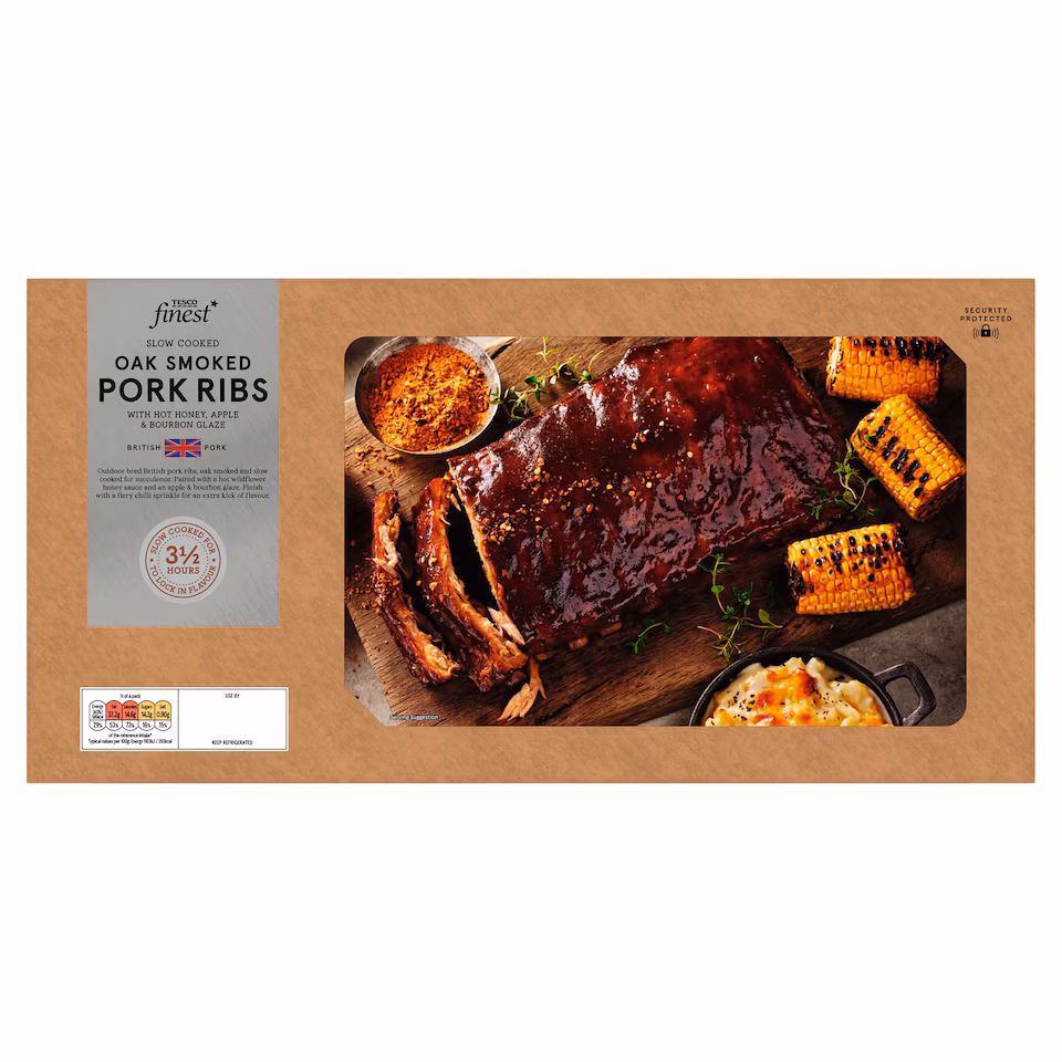 Tesco Finest Oak Smoked British Pork Ribs with Hot Wildflower Honey, Apple & Bourbon glaze 995g
