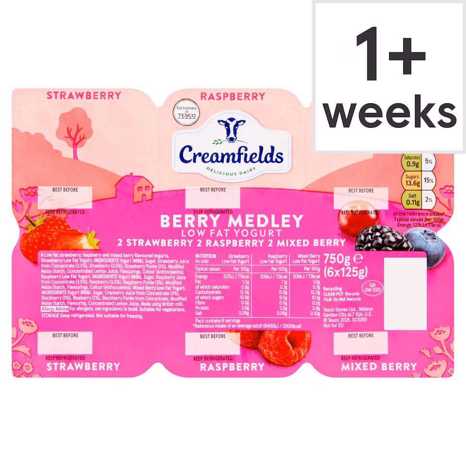 CREAMFIELDS BERRY MEDLEY LOW FAT YOGURT 6X125G