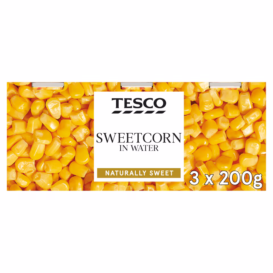 TESCO NATURALLY SWEET SWEETCORN IN WATER 3X200G