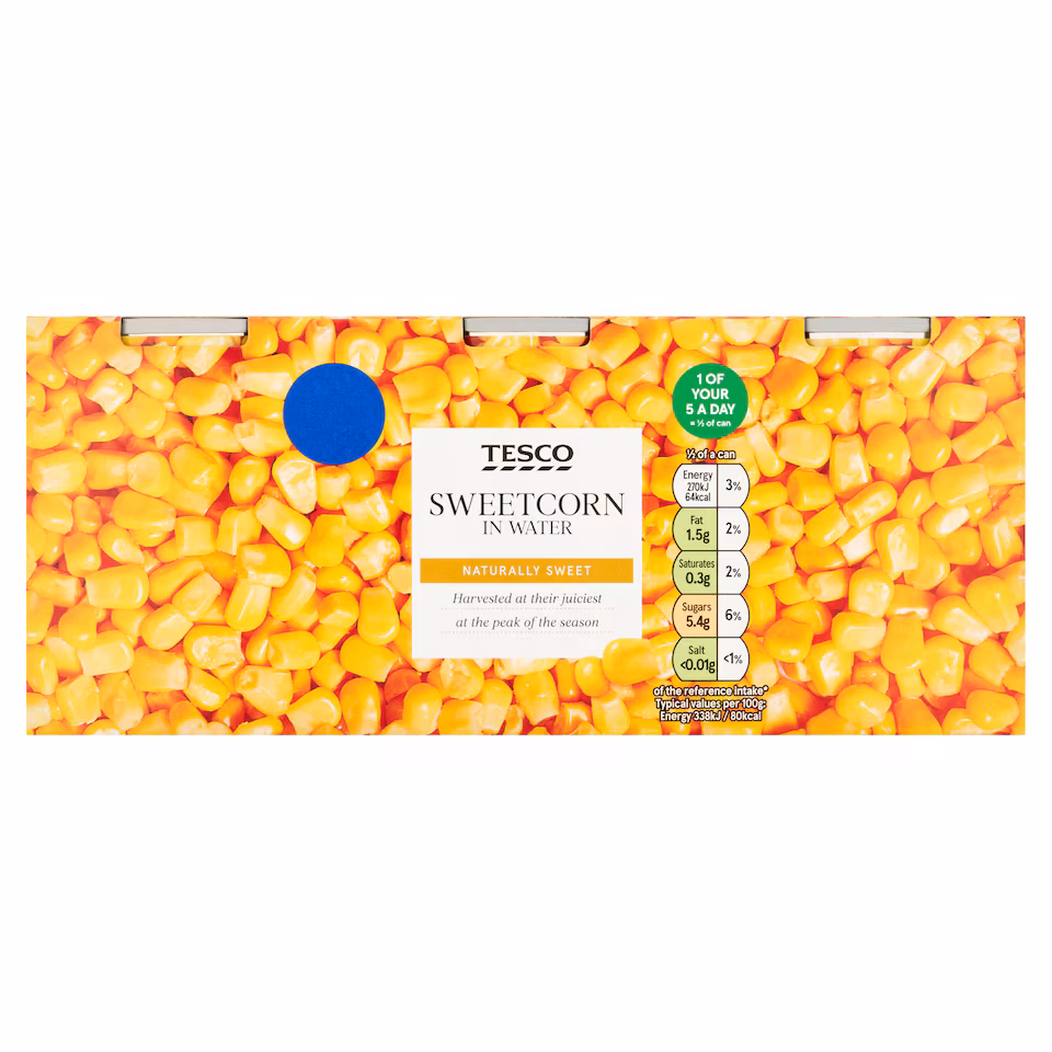 TESCO NATURALLY SWEET SWEETCORN IN WATER 3X200G