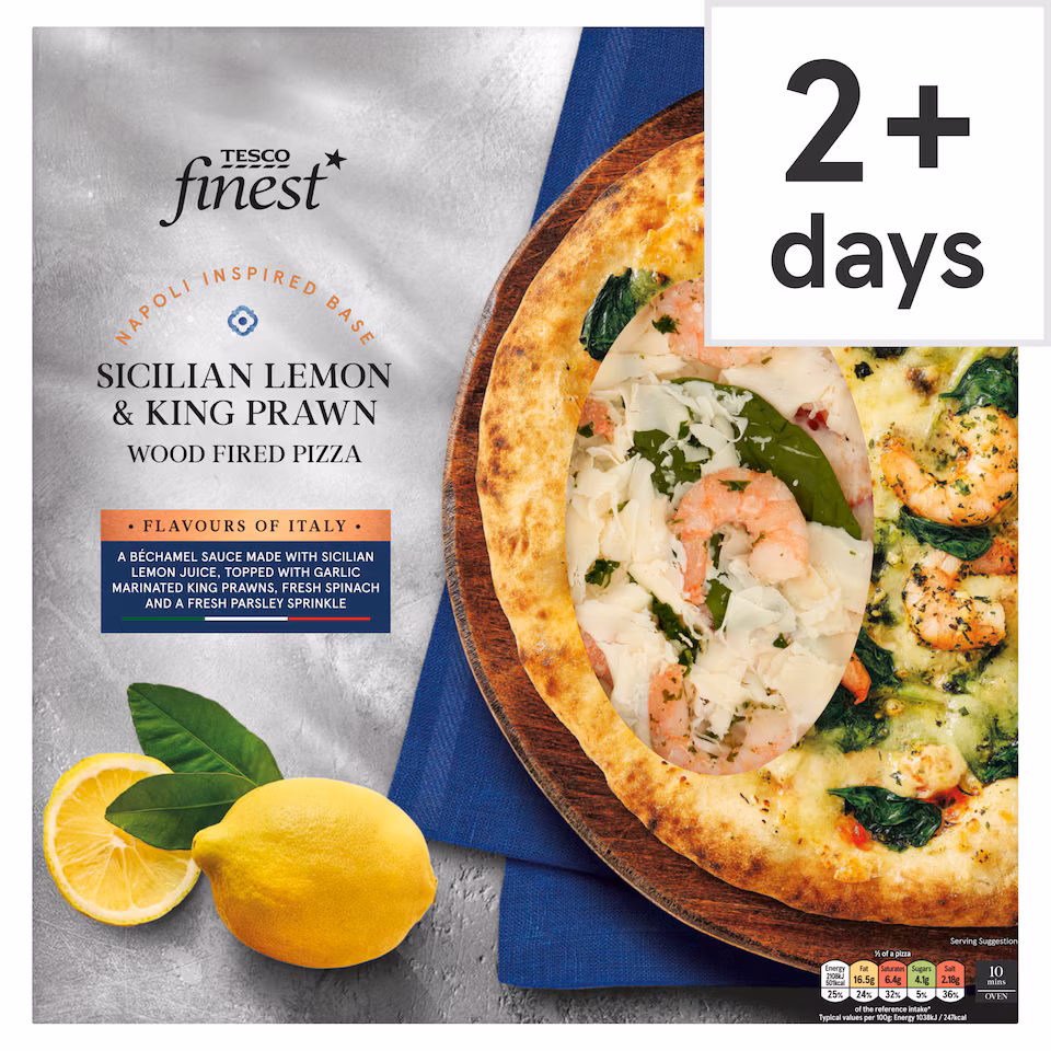 Tesco Finest Sicilian Lemon & King Prawn Wood Fired Pizza 406g