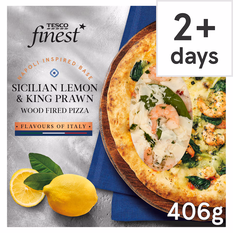 Tesco Finest Sicilian Lemon & King Prawn Wood Fired Pizza 406g