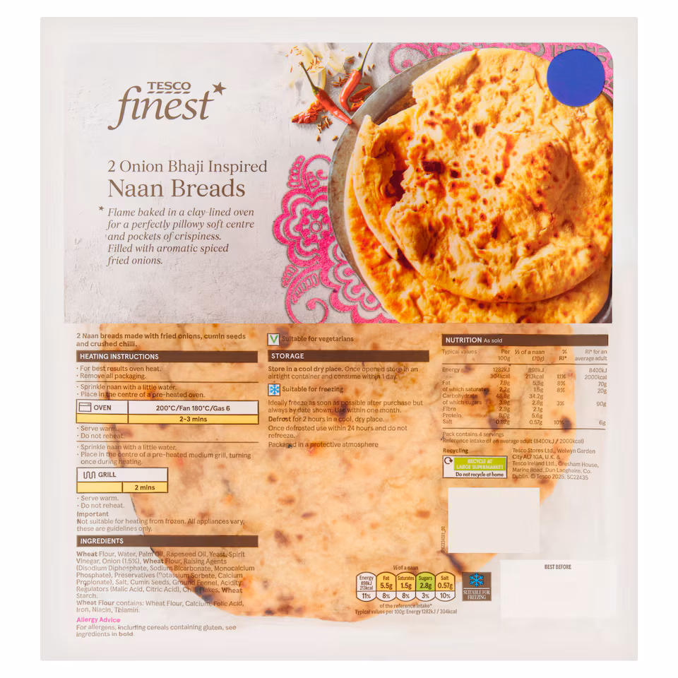 Tesco Finest 2 Onion Bhaji Inspired Naan Breads 280g