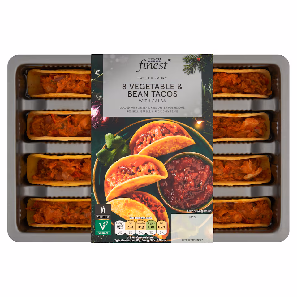 TESCO FINEST 8 Mexican Vegetable Tacos with Salsa 240g