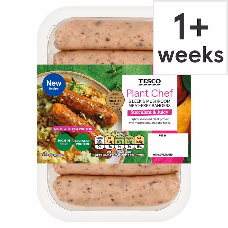Tesco Plant Chef 6 Leek & Mushroom Meat-Free Bangers 300G