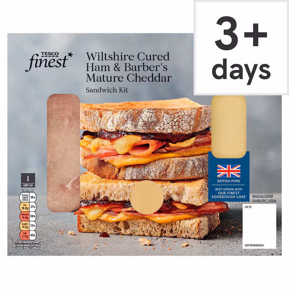 Tesco Finest Wiltshire Cured Ham and Barber's Mature Cheddar Sandwich Kit 145g