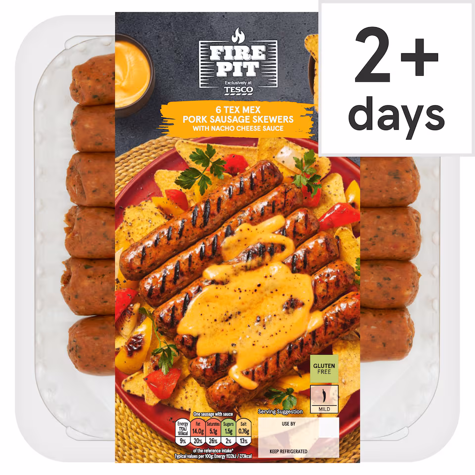 Fire Pit Tesco 6 Tex Mex Sausage Skewers with Nacho Cheese Sauce 460g