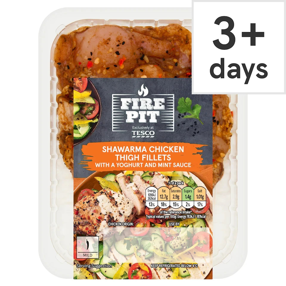 Tesco Firepit Shawarma Chicken Thigh Fillets with Yoghurt & Mint Sauce 393g