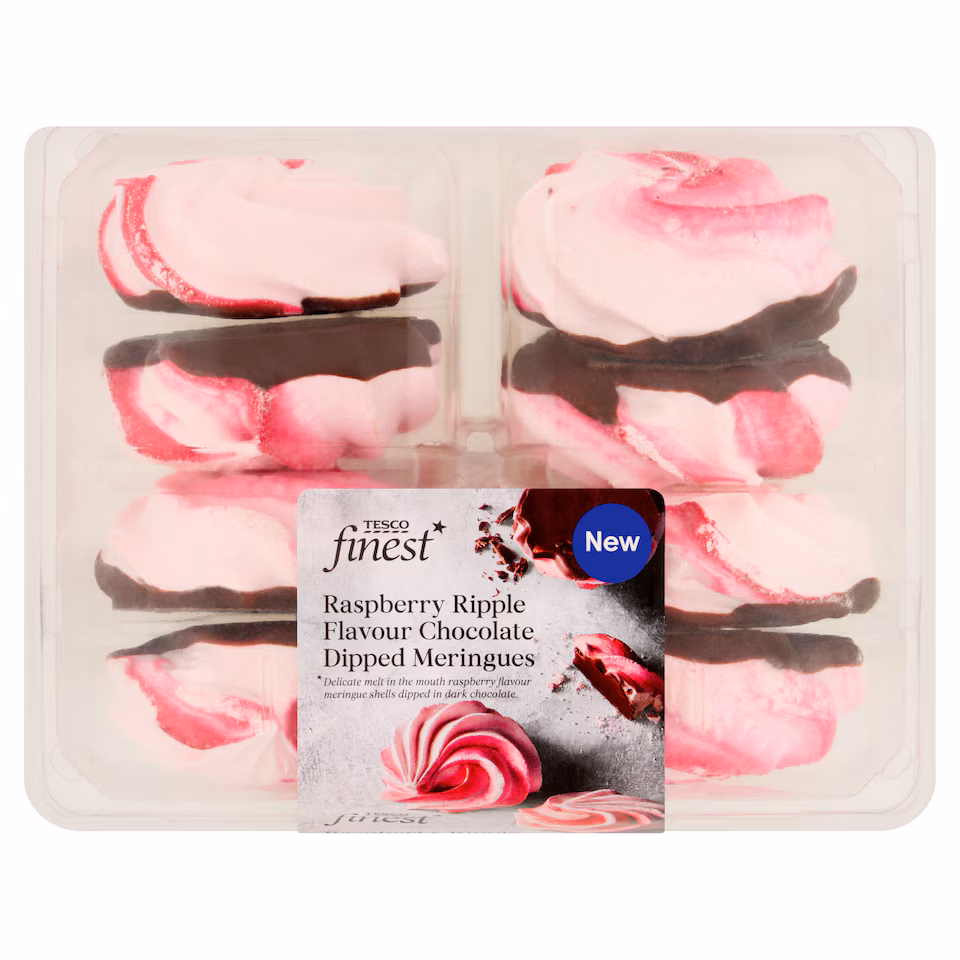 Tesco Finest Raspberry Ripple and Dark Chocolate Meringue Shells  8 pack