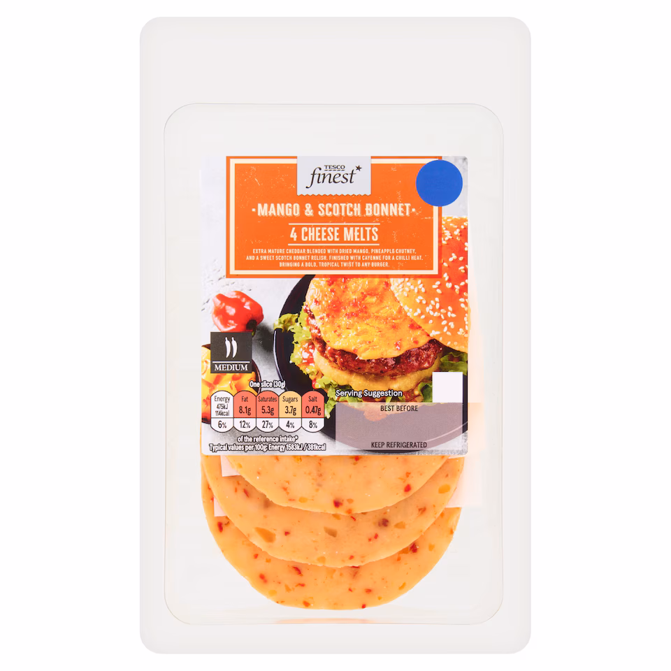 TESCO FINEST MANGO & SCOTCH BONNET 4 CHEESE MELTS BURGER 120G