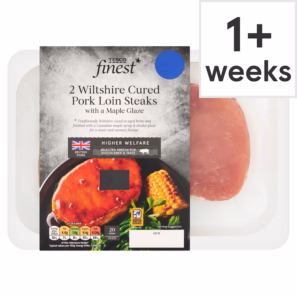 Tesco Finest 2 Wiltshire Cured Pork Loin Steak with Canadian Maple Glaze 400g