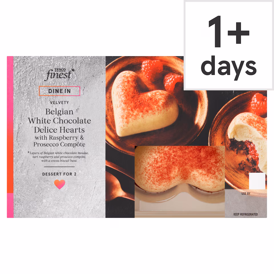 Tesco Finest Dine In Belgian White Chocolate Delice Hearts with Raspberry & Prosecco Compote 128g