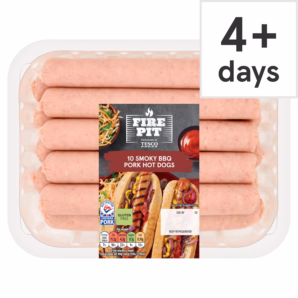 Tesco Fire Pit 10 Smoky BBQ Pork hot dogs 600g