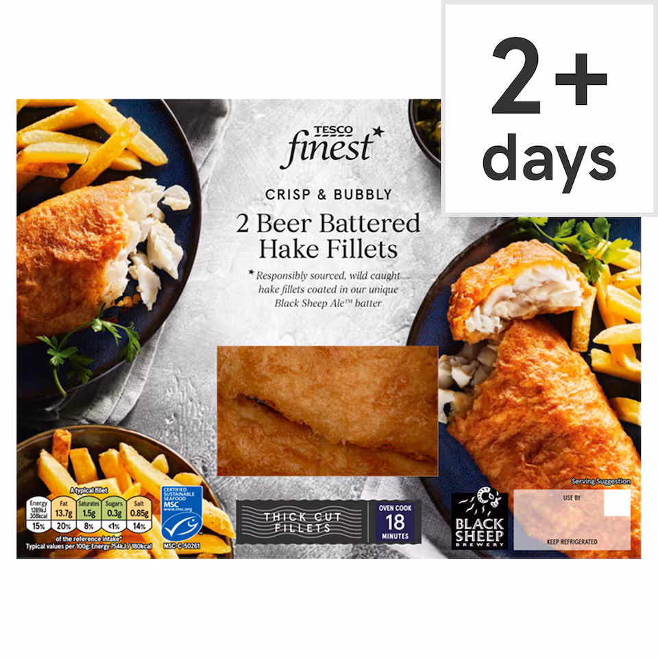 Tesco Finest 2 Beer Battered Hake Fillets 365g