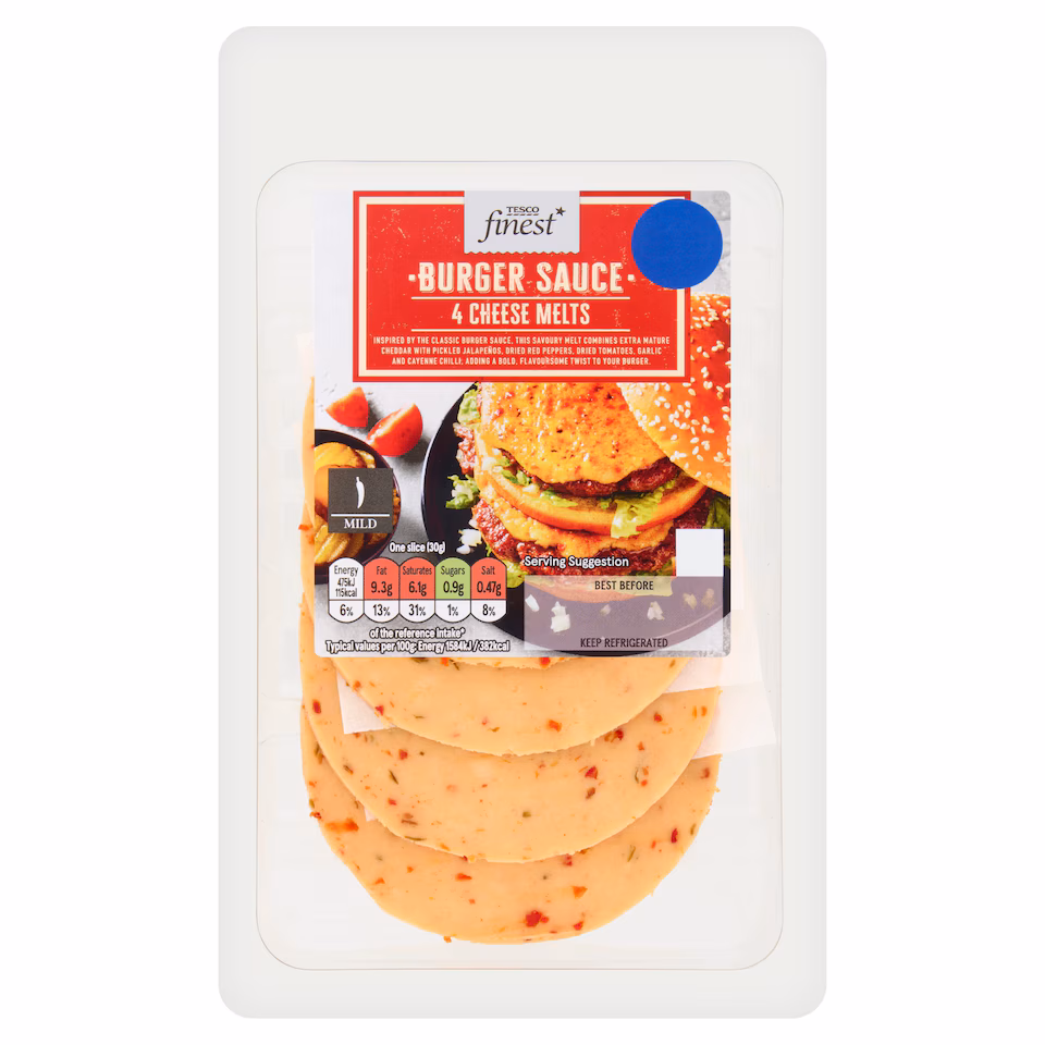 TESCO FINEST BURGER SAUCE 4 CHEESE MELTS 120G