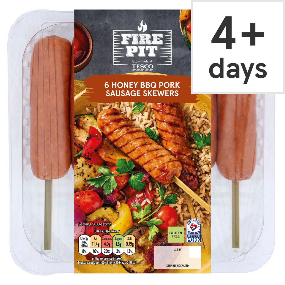 Tesco FIRE PIT 6 Honey BBQ Pork Sausage Skewers 450g