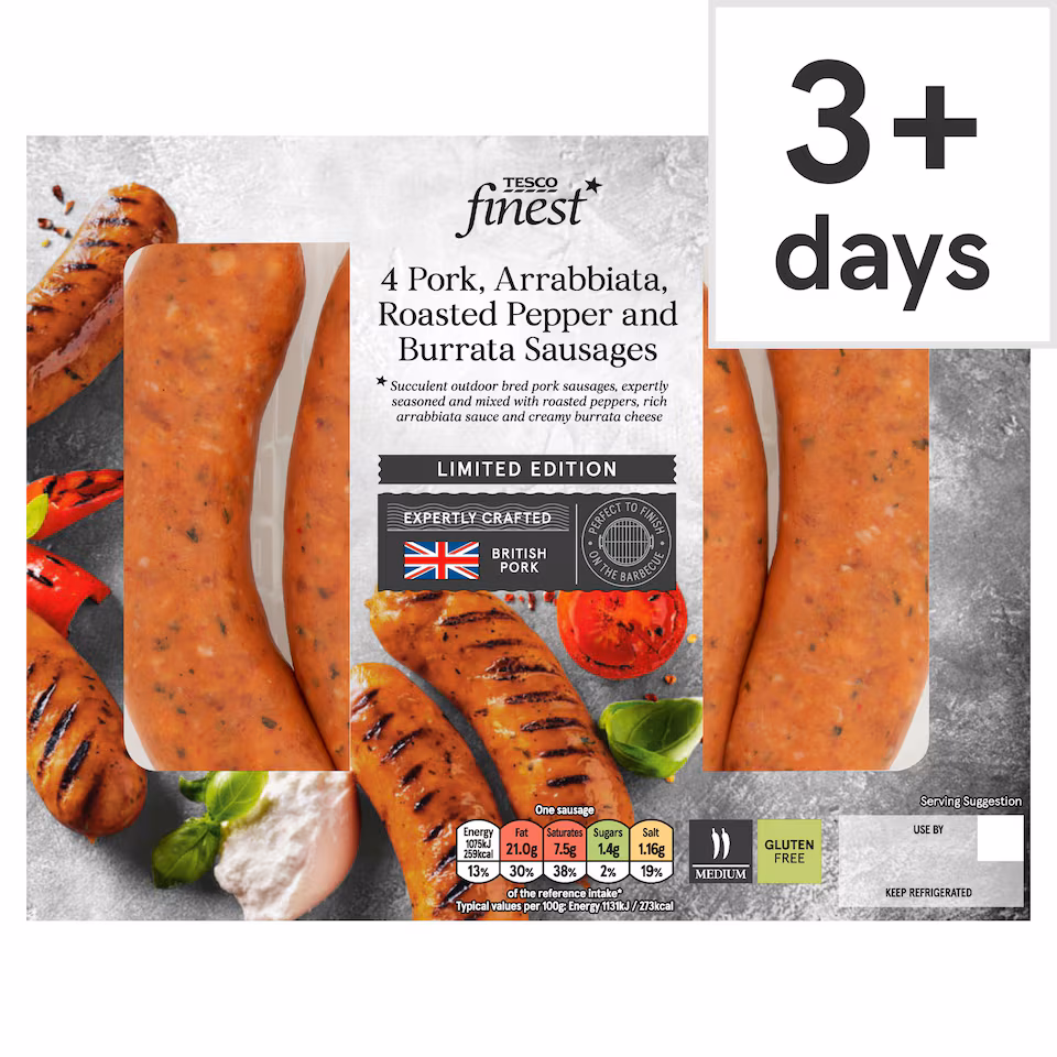 Tesco Finest BBQ 4 Pork, Arrabiata, Roasted Peppers & Burrata Sausage 440g