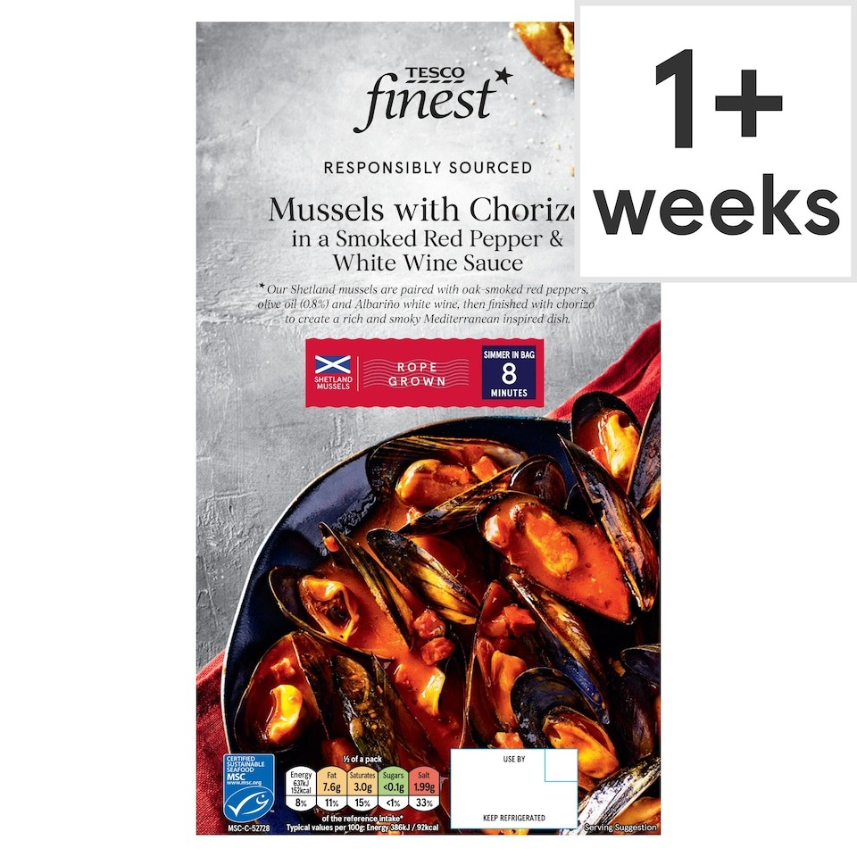 Tesco Finest Mussels with Chorizo in a Smoked Red Pepper & White Wine Sauce 500g