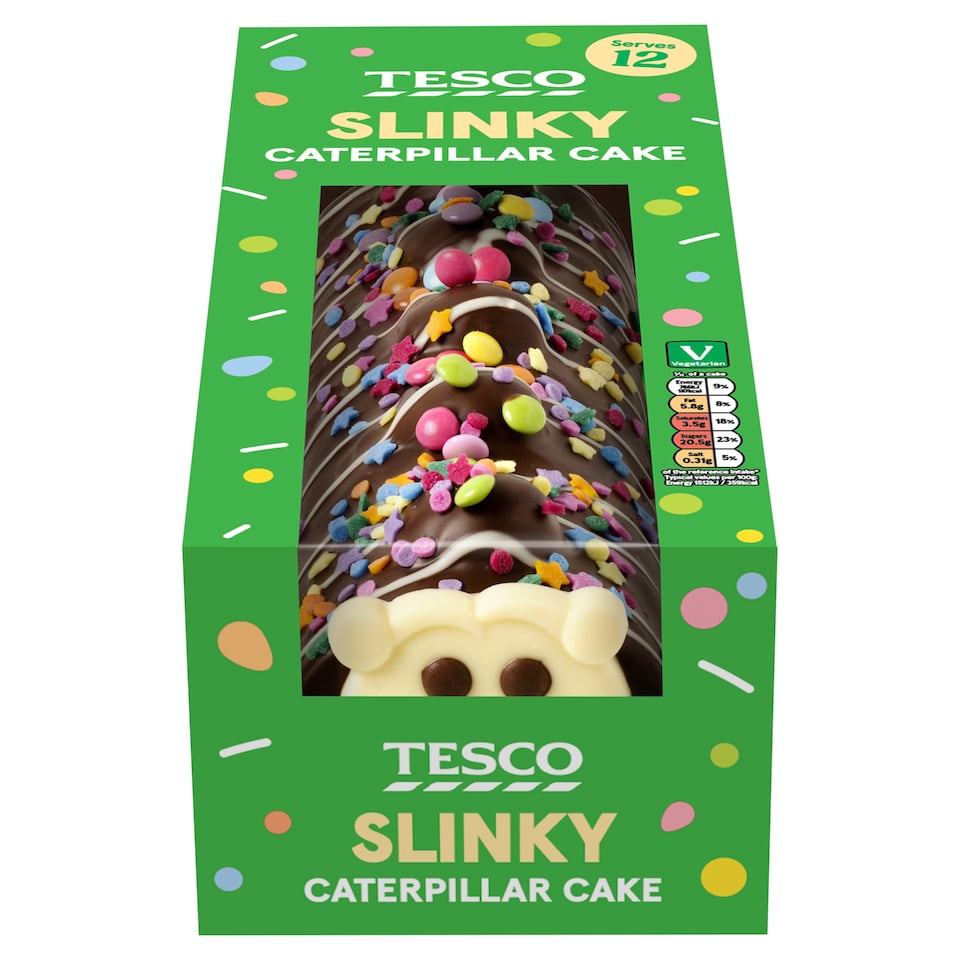Tesco Slinky White Chocolate face Caterpillar cake