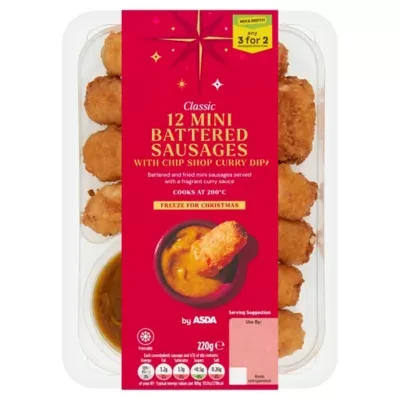 ASDA 12 Classic Mini Battered Sausages with Chip Shop Curry Dip 220g
