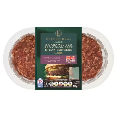Exceptional by ASDA 2 British Caramelised Red Onion Beef Steak Burgers 340g