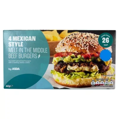 ASDA 4 Mexican Style Melt in the Middle Beef Burgers 442g