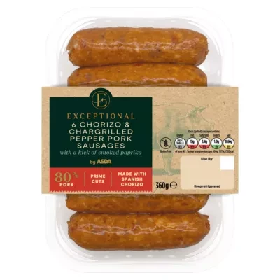Exceptional by ASDA 6 Chorizo & Chargrilled Pepper Pork Sausages 360g