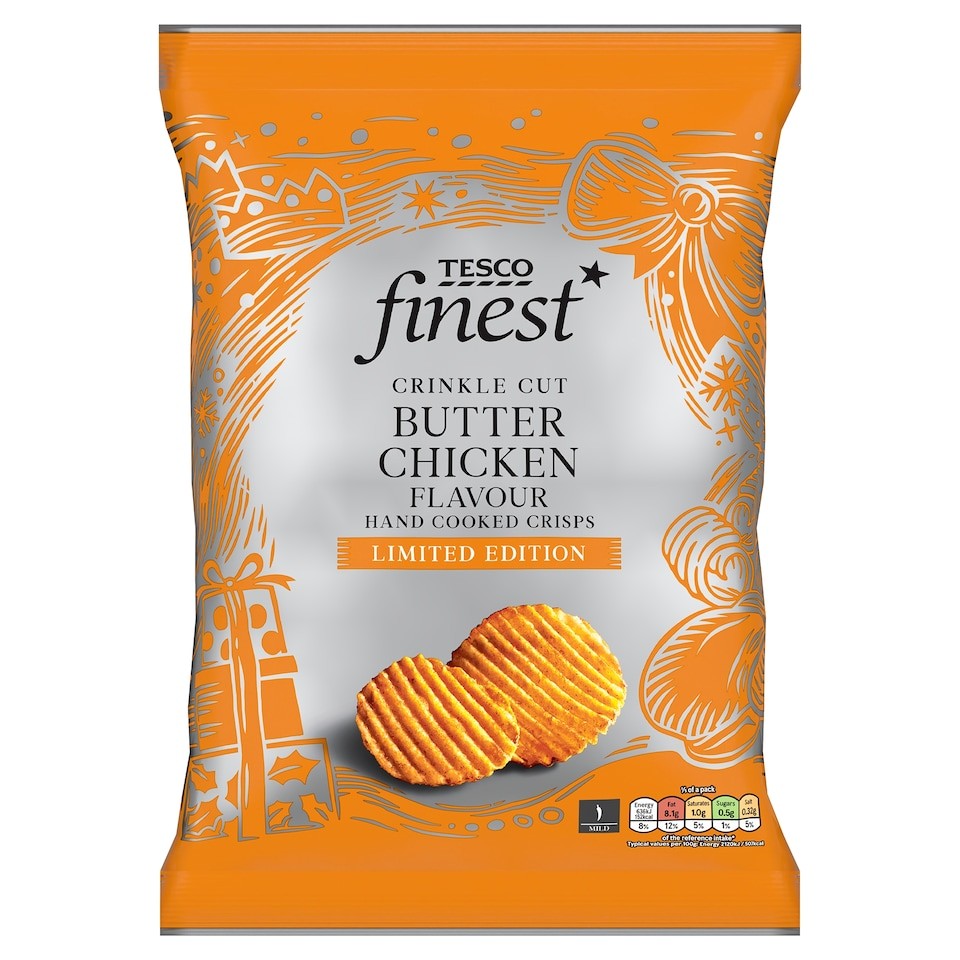 Tesco Finest limited Edition Butter Chicken Flavour Crinkle Cut Potato Crisps 150g