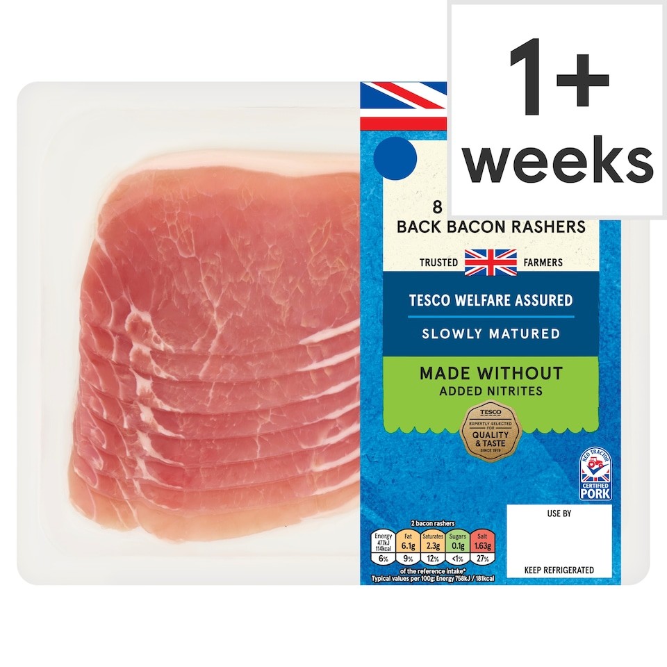 Tesco Made Without Added Nitrite British 8 Unsmoked Back Bacon Rashers 250g