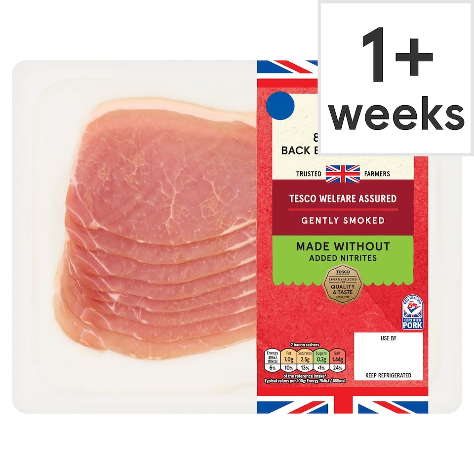 Tesco Made Without Added Nitrite British 6 Smoked Back Bacon Rashers 250g