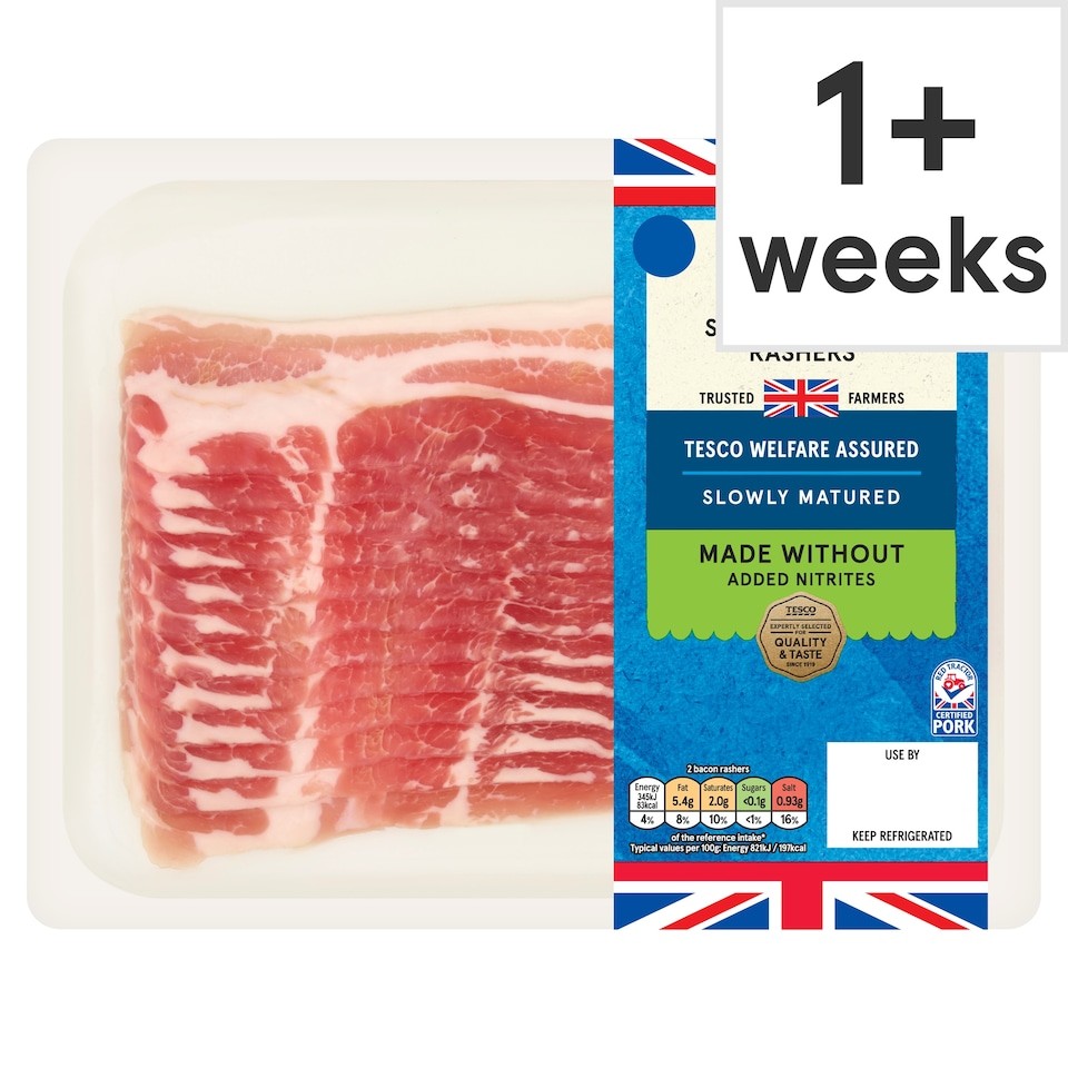 Tesco Made Without Added Nitrite British 12 Unsmoked Streaky Bacon Rashers 250g