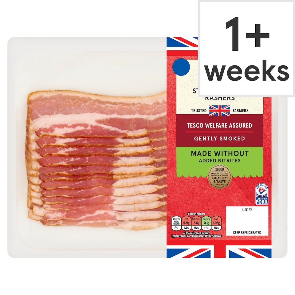 Tesco Made Without Added Nitrite British 12 Smoked Streaky Bacon Rashers 250g