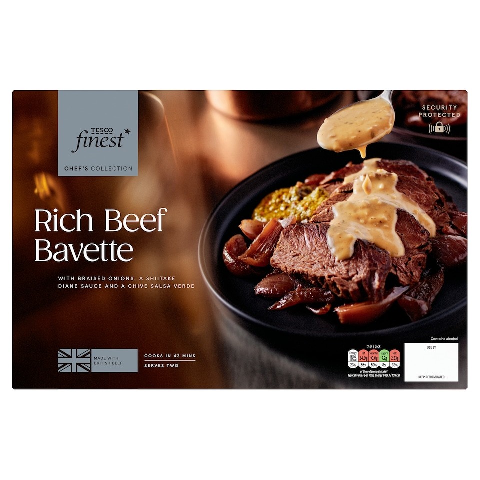 Tesco Finest Chef's Collection Rich Beef Bavette with Braised Onions, a Shiitake Diane sauce and Chive Salsa Verde 815g