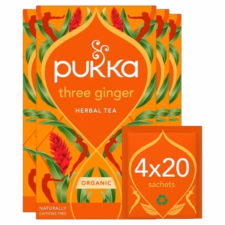 Pukka Herbs Organic Herbal Tea, Three Ginger, 4 Packs, 80 Teabags | Orange | 4