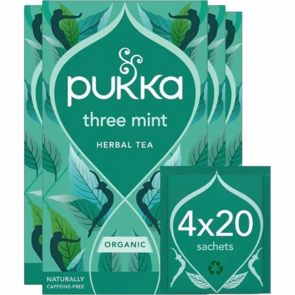 Pukka Herbs Organic Herbal Tea, Three Mint, 4 Packs, 80 Teabags | Green | 4